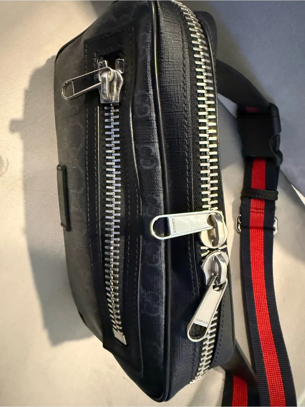 Gucci Black GG Supreme Belt Bag with Red & Blue Web Strap